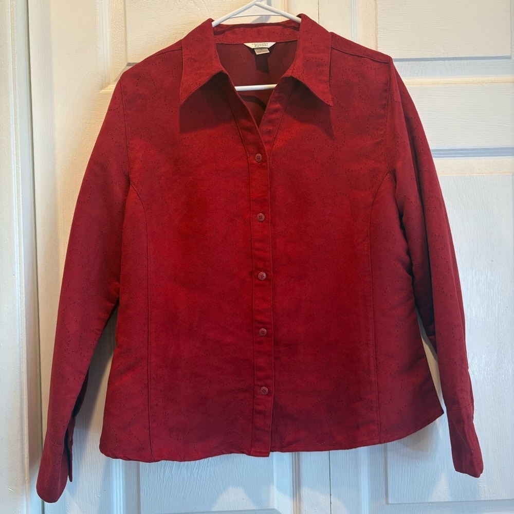 2007 Christopher & Banks Red Faux Suede Long Sleeve Button Up - Size Large